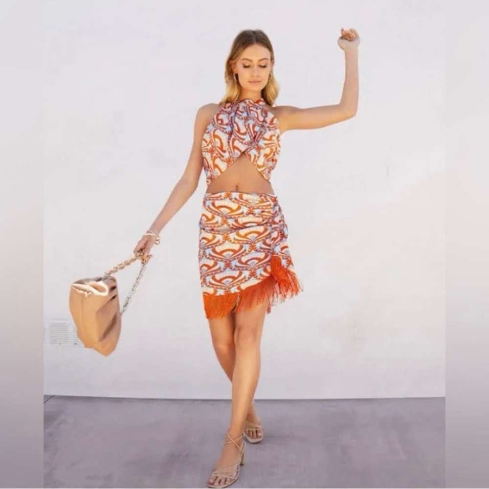 Vici Nile Satin Printed Halter Crop Top and Skirt Set